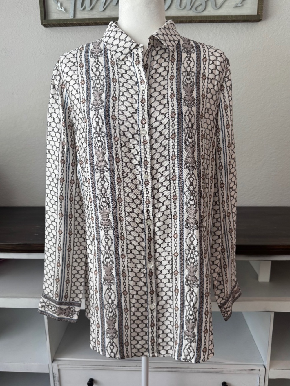 New J. McLaughlin Geomtreic Chain Link Button Down Blouse Silk Viscose Size L